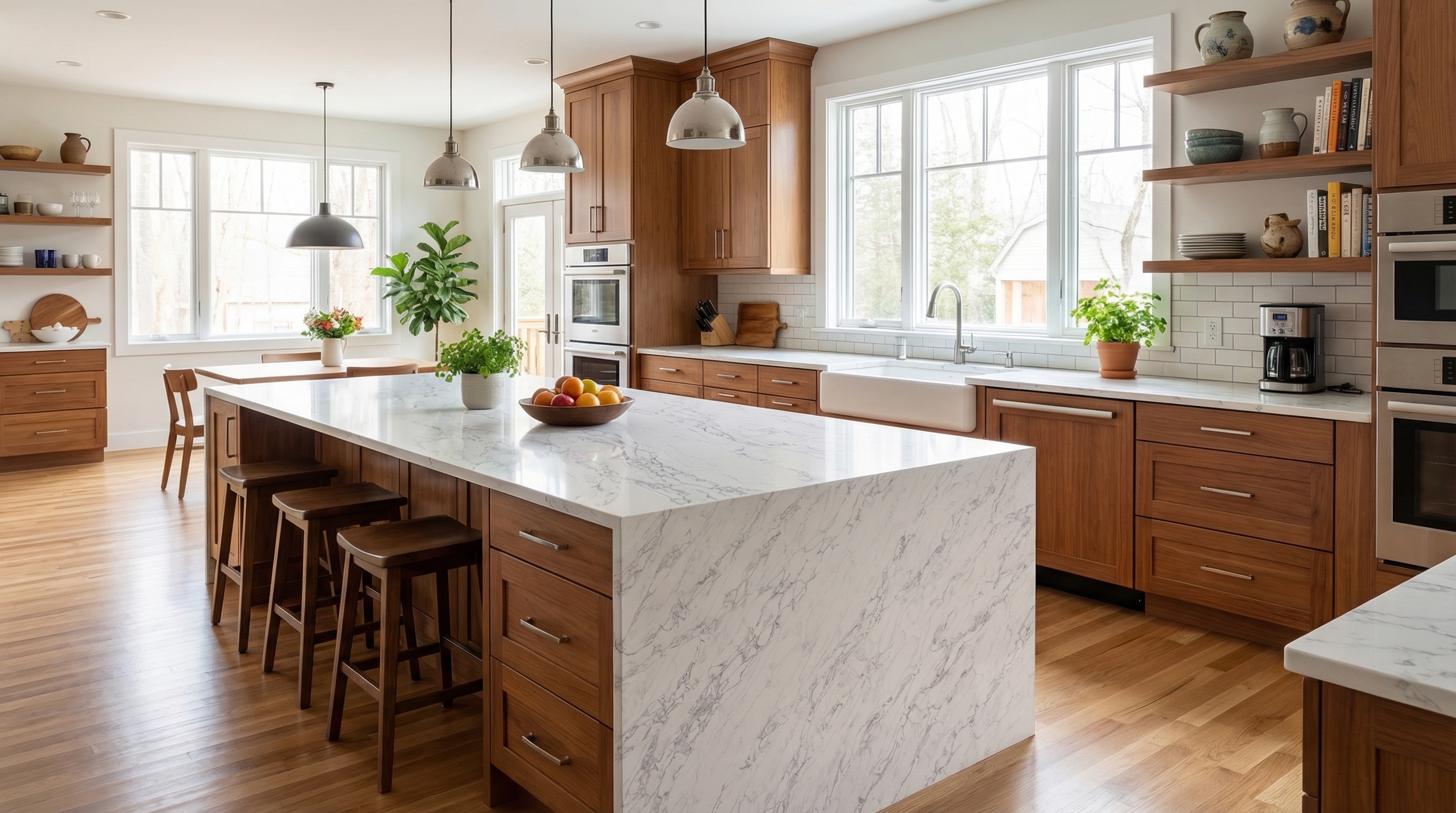 White stone kitchen island scene
